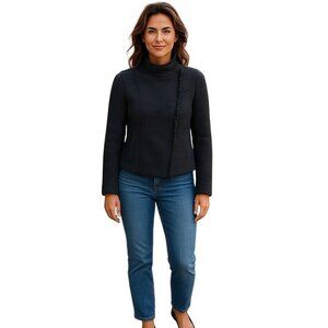 Vince Boucle Moto Jacket Tweed Fringe Full Zip Navy Blue Women's Small